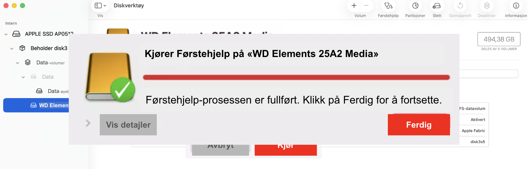 Vent til Diskverktøys skanning er fullført. Hvis den finner noe feil den kan fikse, vil Førstehjelp gjøre det. Du kan også få mer informasjon om prosessen ved å utvide avsnittet Vis detaljer.