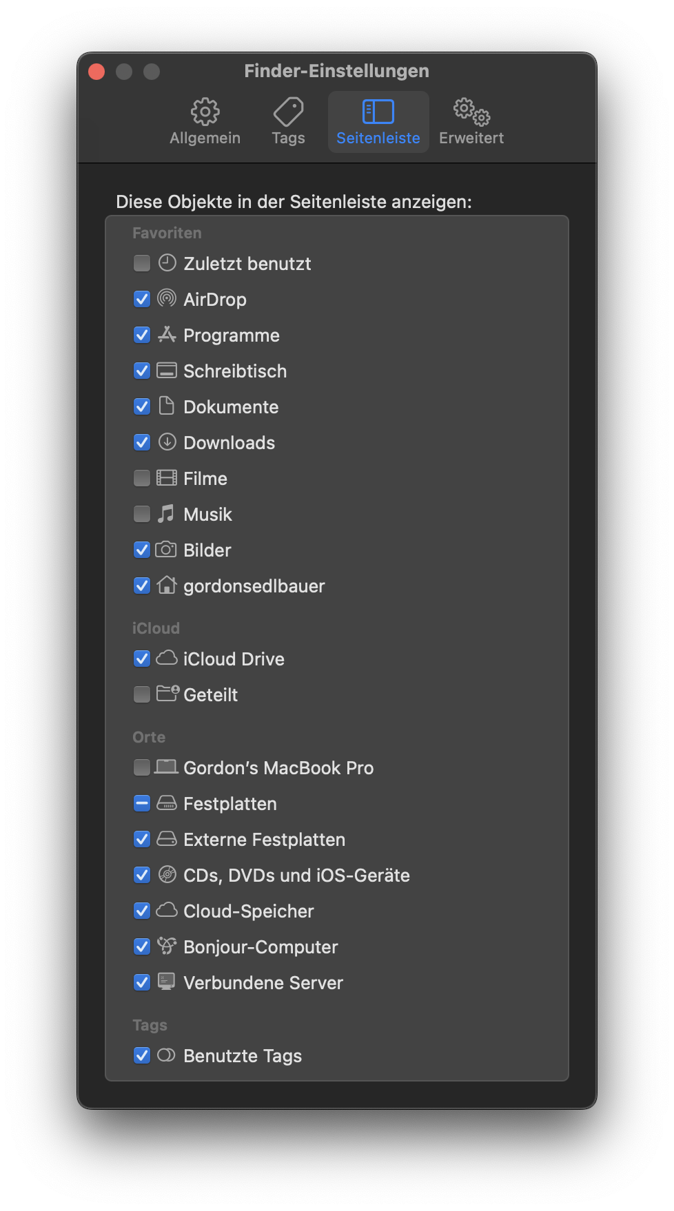Stellen Sie im Fenster Finder-Einstellungen sicher, dass Sie zur Registerkarte Seitenleiste wechseln und das Kontrollkästchen neben Externe Festplatten aktiviert ist.