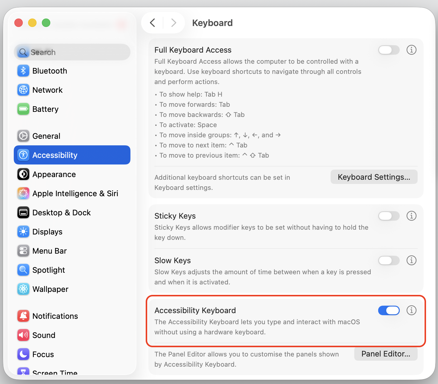 Keyboard pane in macOS Accessibility settings on an Apple device with the Accessibility Keyboard toggle switched on for mouse-only input.