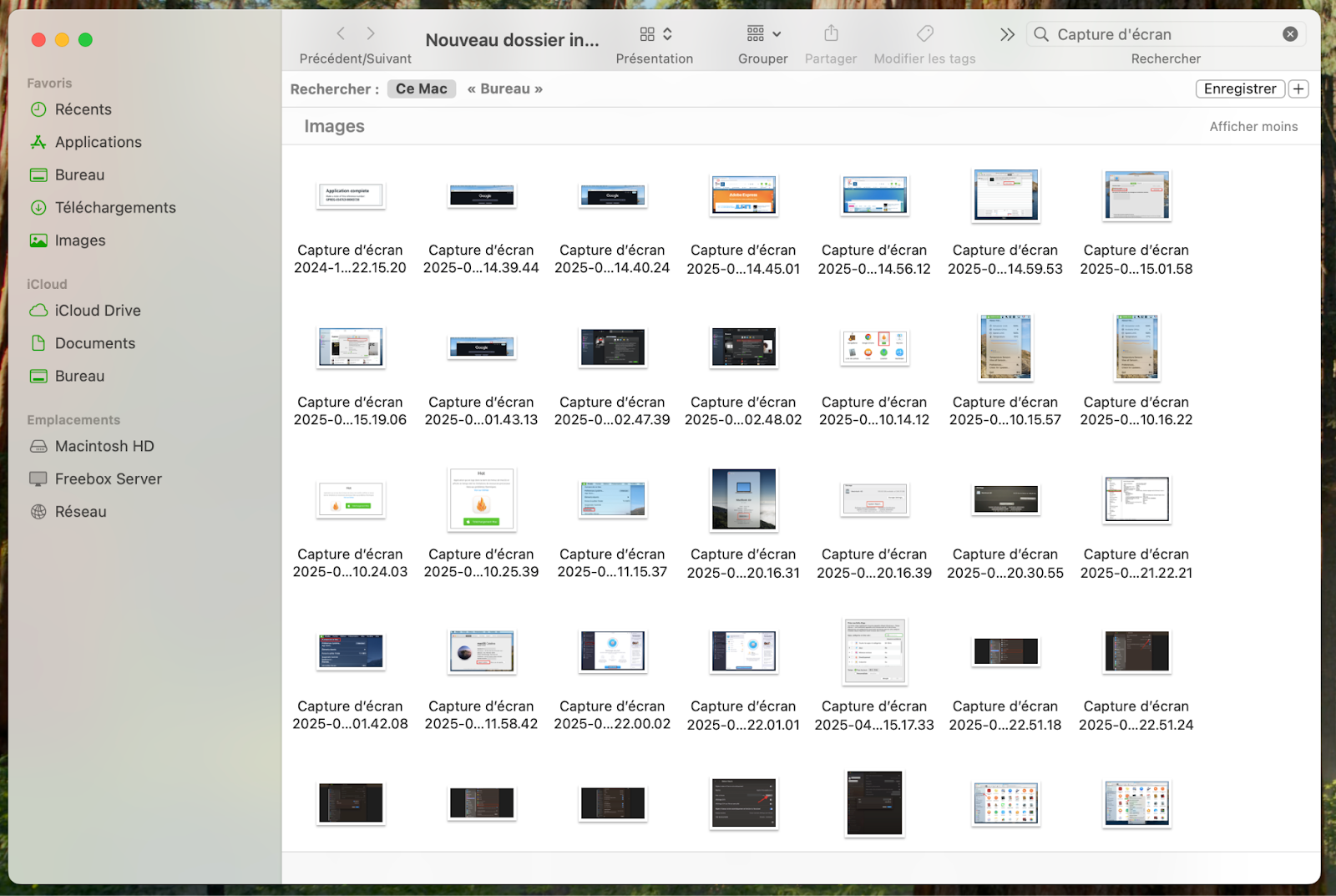 Le nouveau dossier intelligent affiche les fichiers en fonction de certains critères, comme la taille. Par exemple, voici un nouveau dossier intelligent contenant uniquement des captures d'écran sur un MacBook.