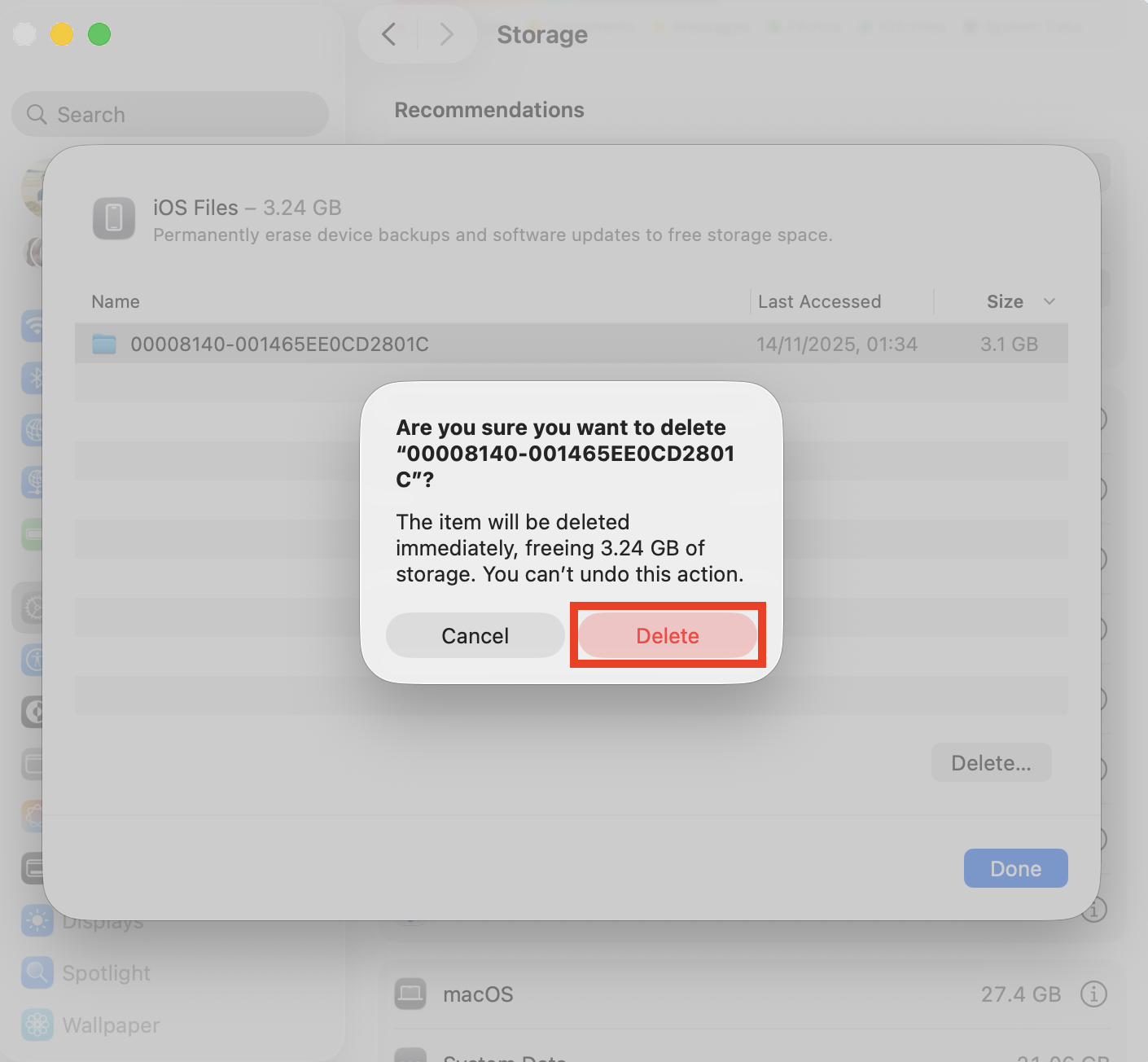 A confirmation prompt that appears after deleting iOS Files on Mac. When iOS files are taking up too much space on your Mac, remove them in System Settings to free up storage.