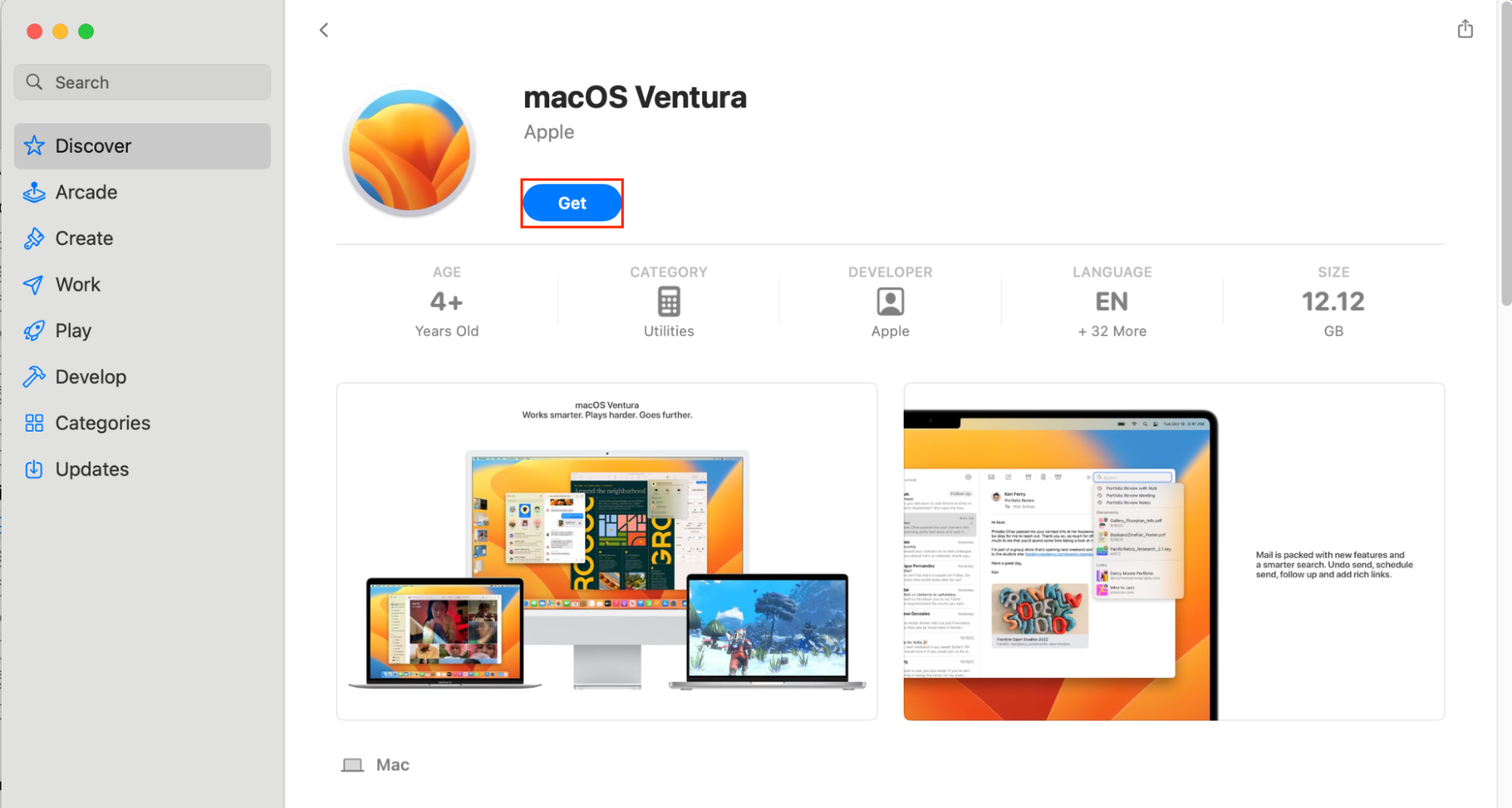 The App Store, with macOS Ventura shown. The Get button is highlighted. How to downgrade macOS version: install from a bootable installer.