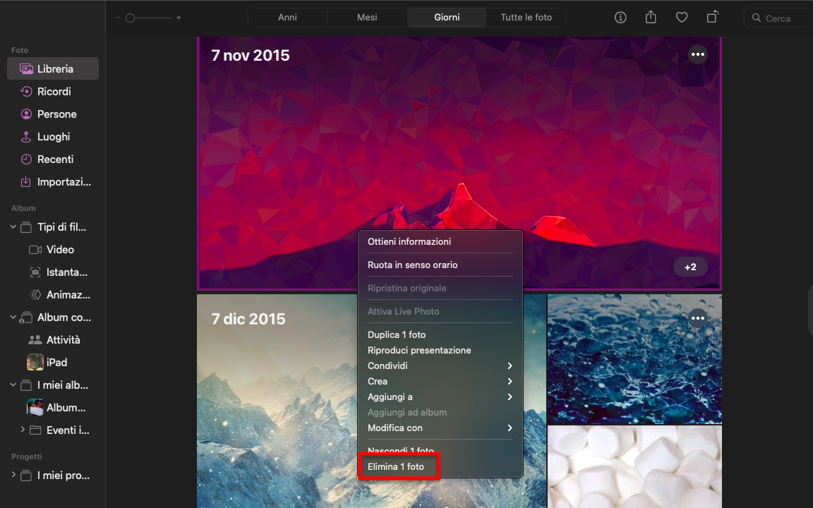 Un menu contestuale che appare dopo aver fatto clic con il tasto destro del mouse su un elemento in Foto su Mac. È possibile utilizzare l'opzione di eliminazione per rimuovere le vecchie foto e i video che non si desiderano per liberare spazio sul Mac.