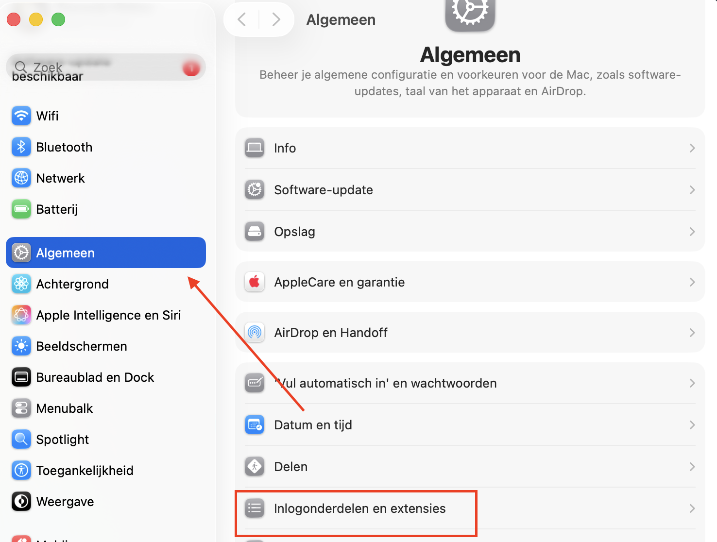 Het menu Algemeen  in Systeeminstellingen op de Mac, waar je de opties voor Inlogonderdelen vindt. Hier kun je opstartapps op de Mac beheren en uitschakelen.