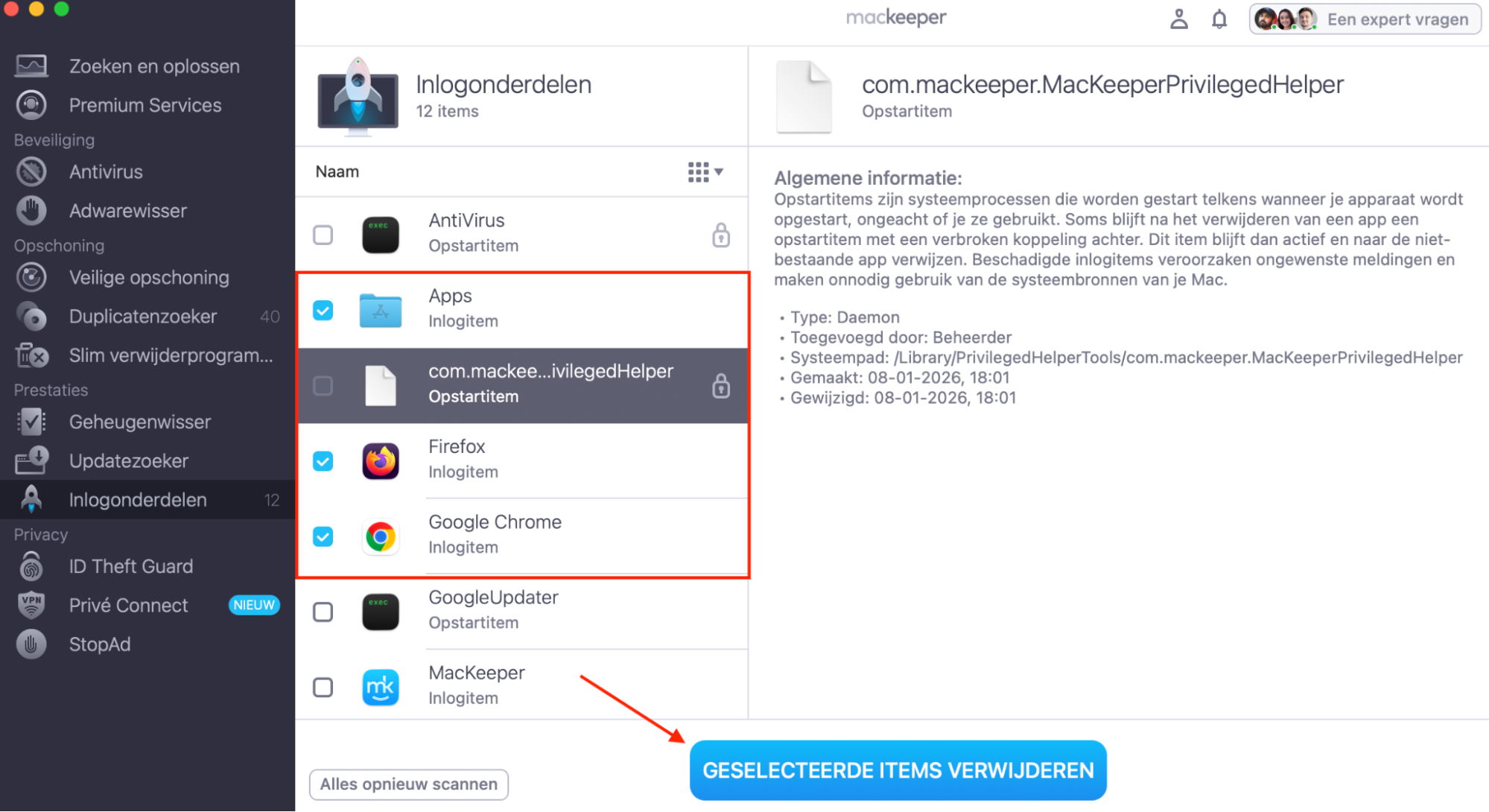 Je Mac begint vervolgens met het zoeken naar Inlogonderdelen op je apparaat. Wanneer deze gevonden zijn, vink je de vakjes aan naast de onderdelen die je wilt verwijderen. Klik daarna op Geselecteerde items verwijderen.