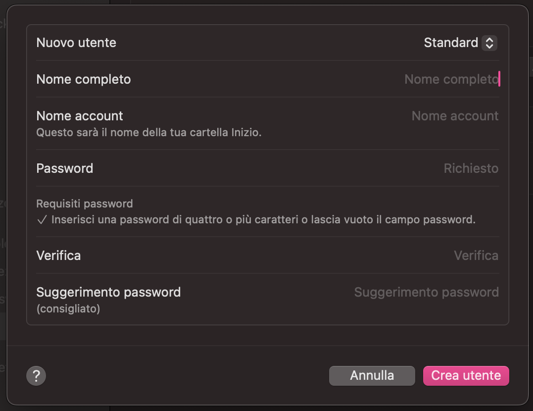 Inserisci tutti i dettagli per il tuo nuovo account utente macOS, incluso il nome, la password e il suggerimento password, se vuoi.