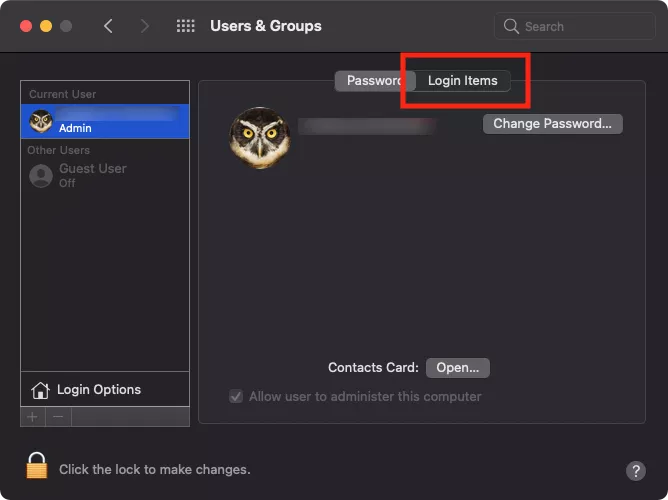 users & groups login items tab