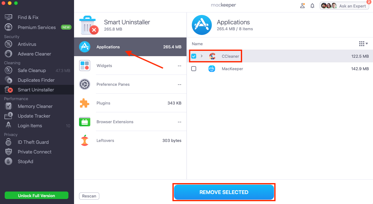 The MacKeeper Smart Uninstaller displays a list of installed applications. Select CCleaner, then click Remove Selected to delete the app from your Mac.