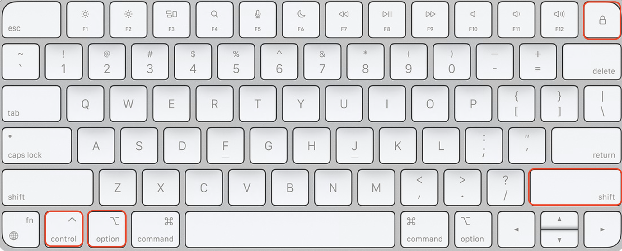 La tastiera del Mac mostra i tasti da premere per reimpostare l’SMC su un MacBook Intel con chip T2. Dopo aver tenuto premuti i tasti per 7 secondi, tieni premuto anche il pulsante di accensione del Mac per altri 7 secondi, poi rilascialo.