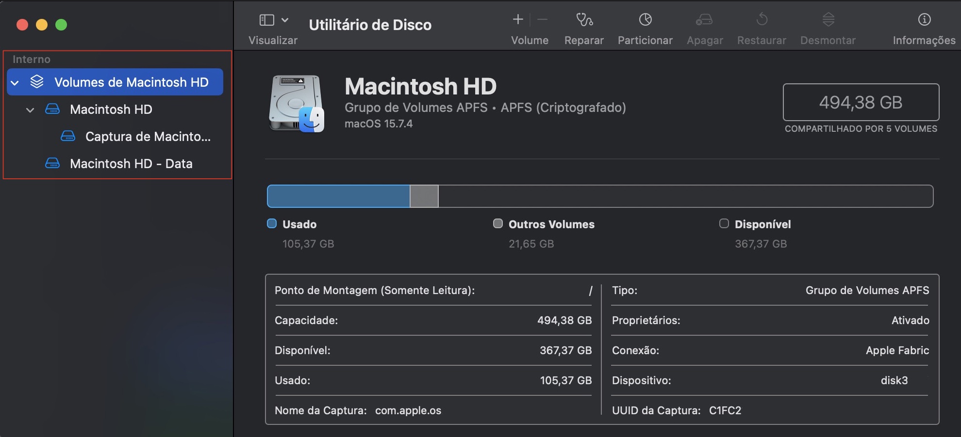 Após abrir, escolha o volume de inicialização no painel esquerdo, geralmente chamado de Macintosh HD.
