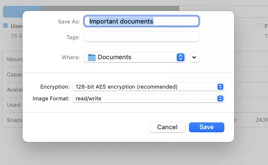 Final settings for encrypted folder in macOS Disk Utility.