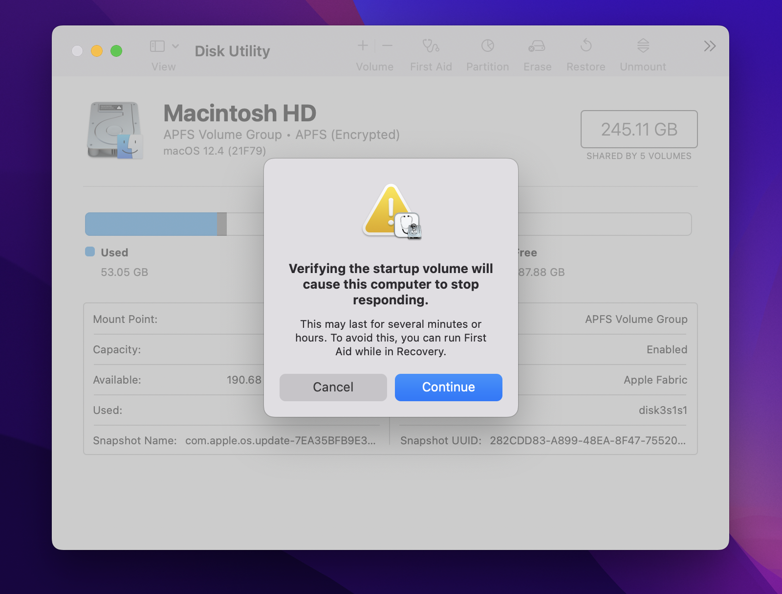 Run Disk Utility First Aid popup Run Disk Utility First Aid popup
