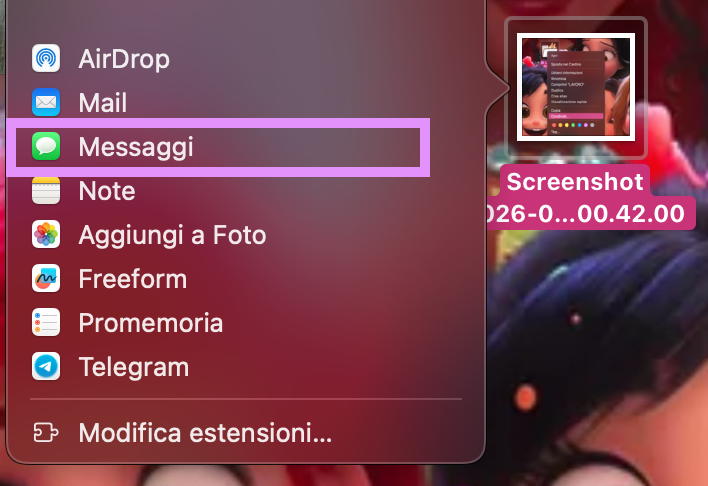 Il menu contestuale su Mac mostra l’opzione Condividi. Per trasferire dati da Mac a Mac usando iMessage, fai clic su Condividi.