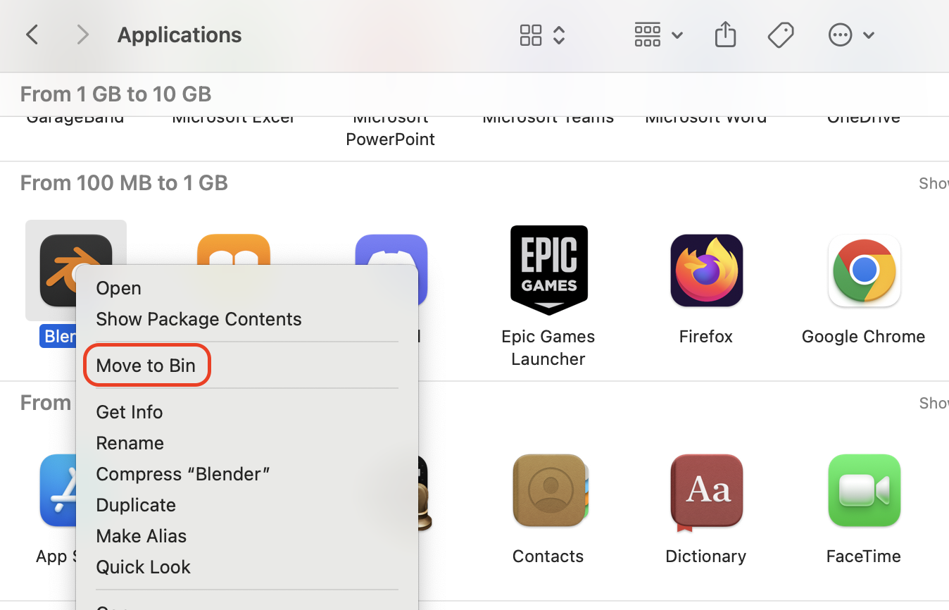 Open the Finder, locate the Applications folder, right-click the suspicious software, and select Move to Bin to delete the app.