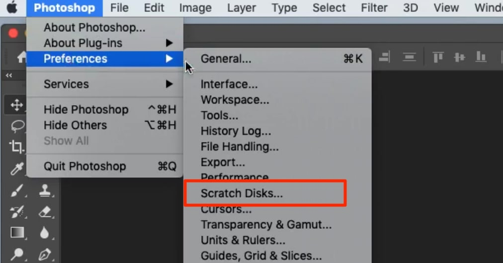 Photoshop on Mac showing the Preferences menu. To change your Photoshop scratch disk to an external hard drive, first select Scratch Disks. Photoshop on Mac showing the Preferences menu. To change your Photoshop scratch disk to an external hard drive, first select Scratch Disks.