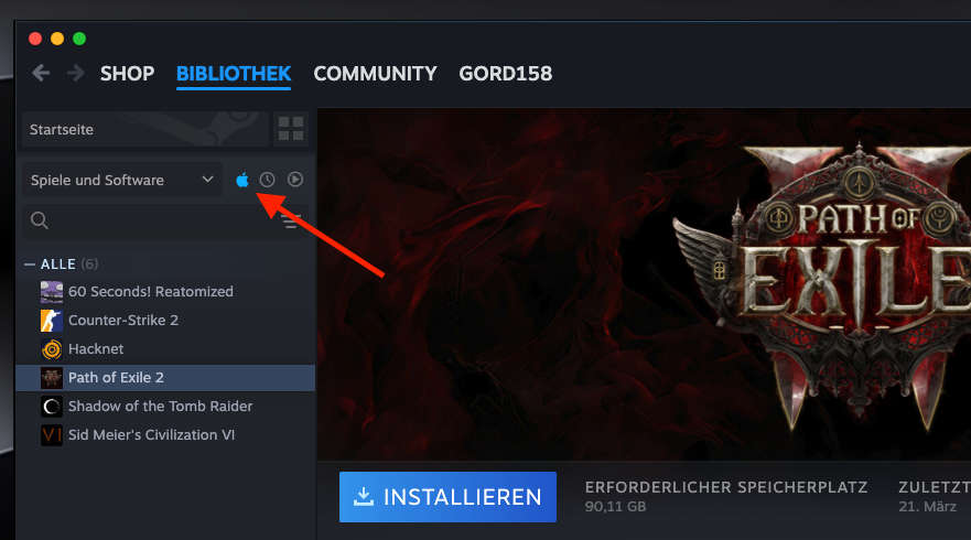 Die Steam-Bibliothek auf dem Mac zeigt die Apple-Schaltfläche, über die nur mit Mac kompatible Spiele angezeigt werden. Klicken Sie auf die Schaltfläche, um Spiele auszublenden, die nicht mit macOS kompatibel sind.