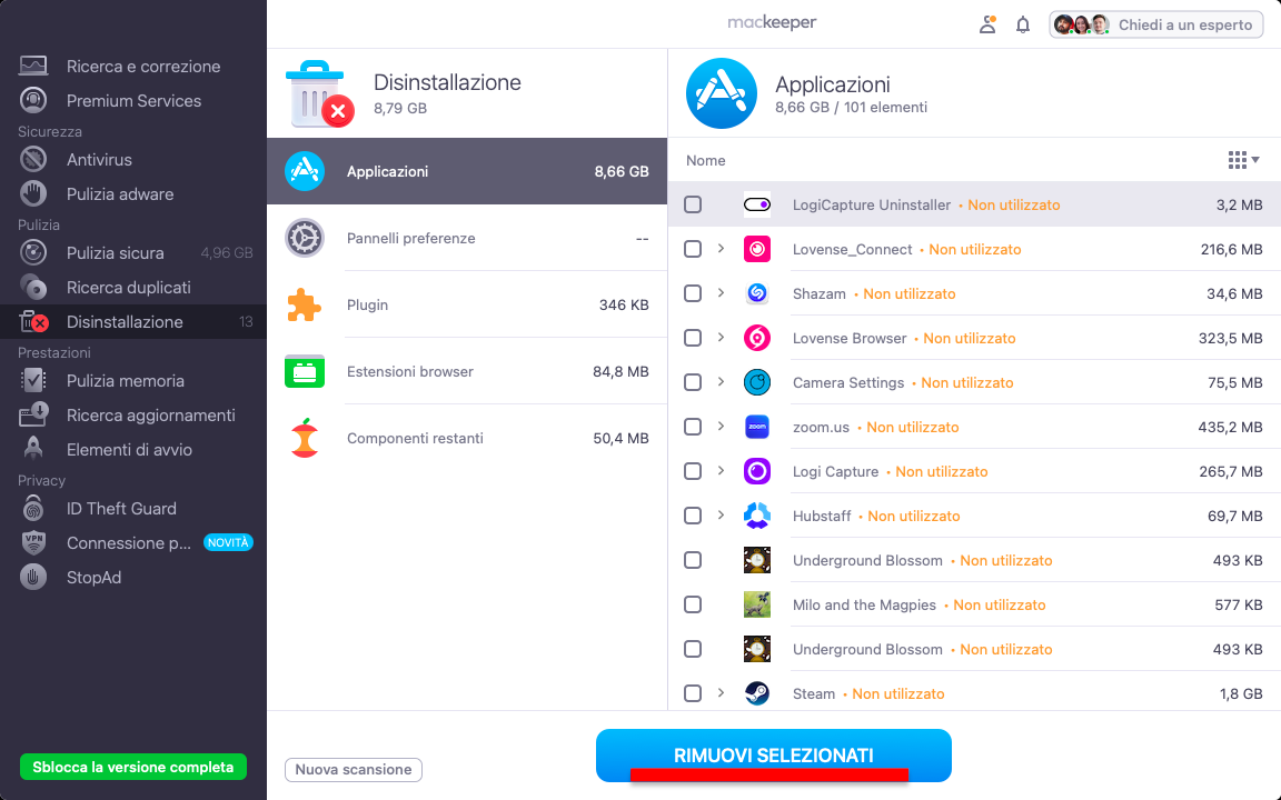 Disinstalla le applicazioni dalla scheda delle Applicazioni utilizzando lo strumento Disinstallazione su MacKeeper.