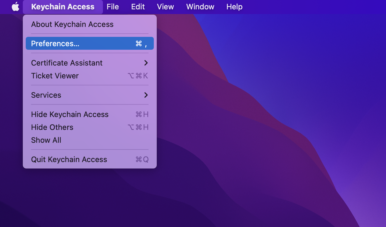 Keychain access menu options Keychain access menu options