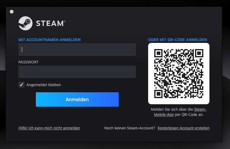 Das Steam-Startfenster unter macOS fordert Sie auf, sich anzumelden oder ein kostenloses Konto zu erstellen. Geben Sie Ihre Kontodaten ein und klicken Sie auf Angemeldet bleiben, wenn Sie diese speichern möchten, und klicken Sie anschließend auf Anmelden.