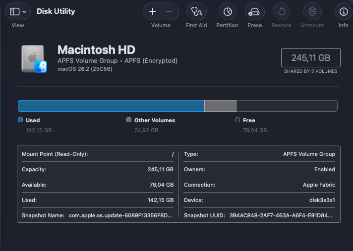 Apple Disk Utility window on macOS 26.2, showing the Macintosh HD APFS volume where you run First Aid, Partition, or Erase for drive management.