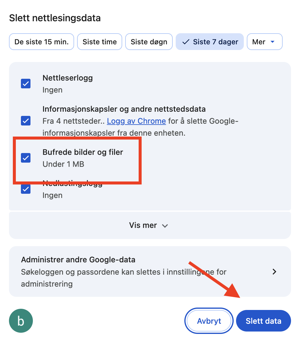 Google Chrome på Mac viser Slett nettlesingsdata-menyen. Marker Bufrede bilder og filer, og klikk deretter på Slett data-knappen.