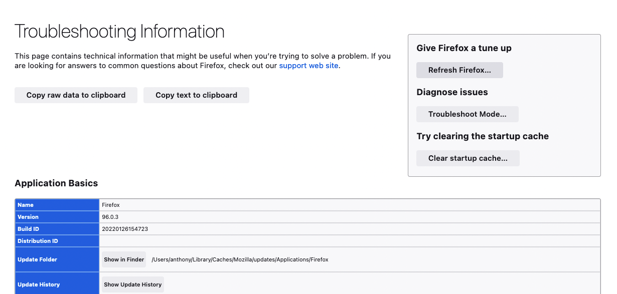 Troubleshooting section in Firefox.