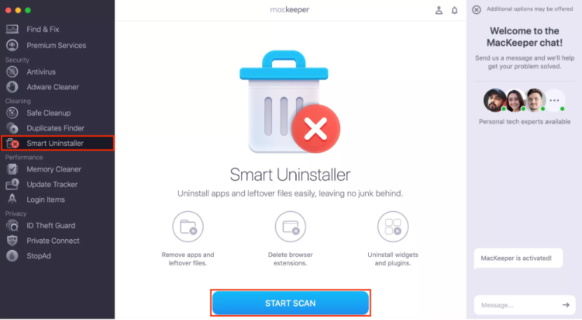 To remove suspicious extensions from Chrome, launch MacKeeper’s Smart Uninstaller, then click Start Scan.