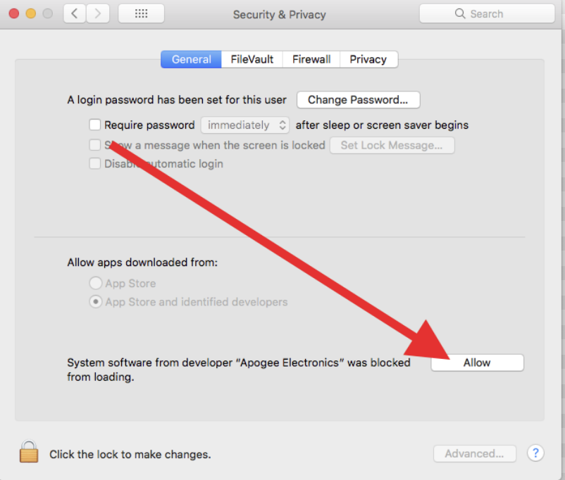 Make sure you’re in the General tab and then look for a Lock Icon. Click on it and enter your Admin password. You’l then be able to unlock software and app downloads. All that's left is to press Allow. This should enable your kernel extension on Mac.