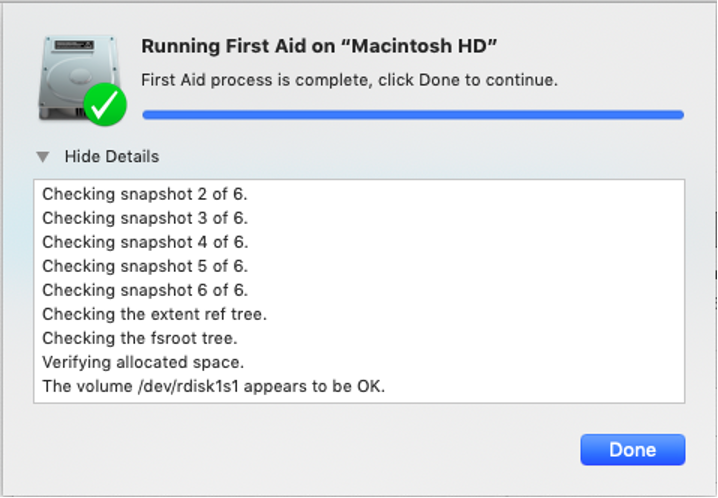 To see if the hard drive in a pre-owned Mac is damaged, look for any red messages in Disk Utility’s First Aid.