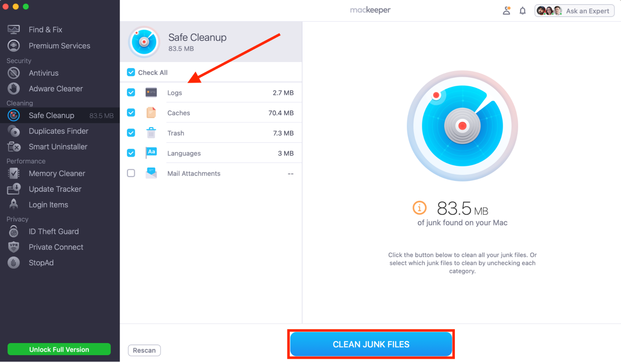 Review the list of unwanted and unnecessary junk the app found on your Mac. Tick those you want to delete and click Clean Junk Files.