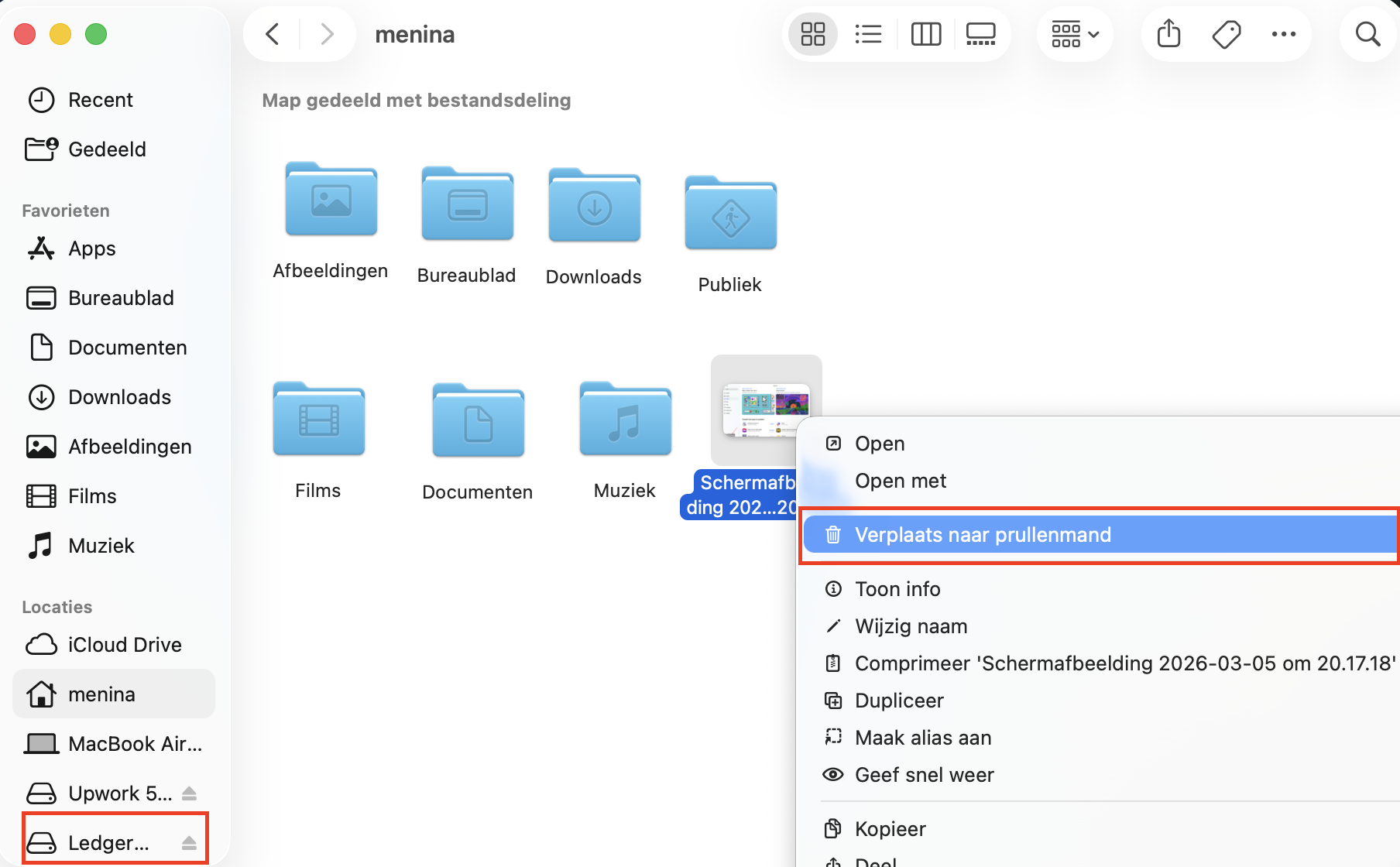 Om foto’s op je Mac te verwijderen via de Prullenmand, zoek je je foto’s in Finder en klik je erop. Klik vervolgens met de rechtermuisknop en kies Verplaats naar prullenmand. Je kunt het bestand ook naar het  Prullenmand-icoon in je Dock slepen.