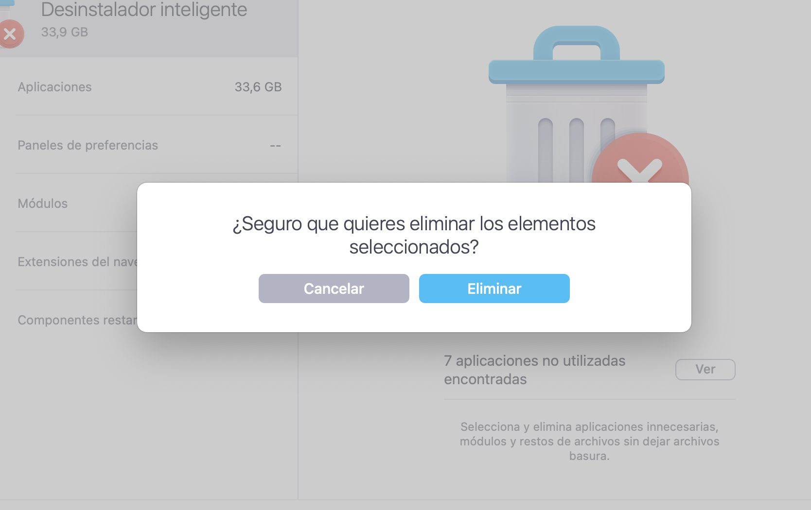 Para terminar de eliminar los elementos innecesarios, haz clic en Eliminar en la ventana desplegable.