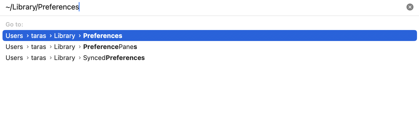 Enter ~/Library/Preferences in the Go to Folder field to access app preference files stored in your Mac's Library directory.
