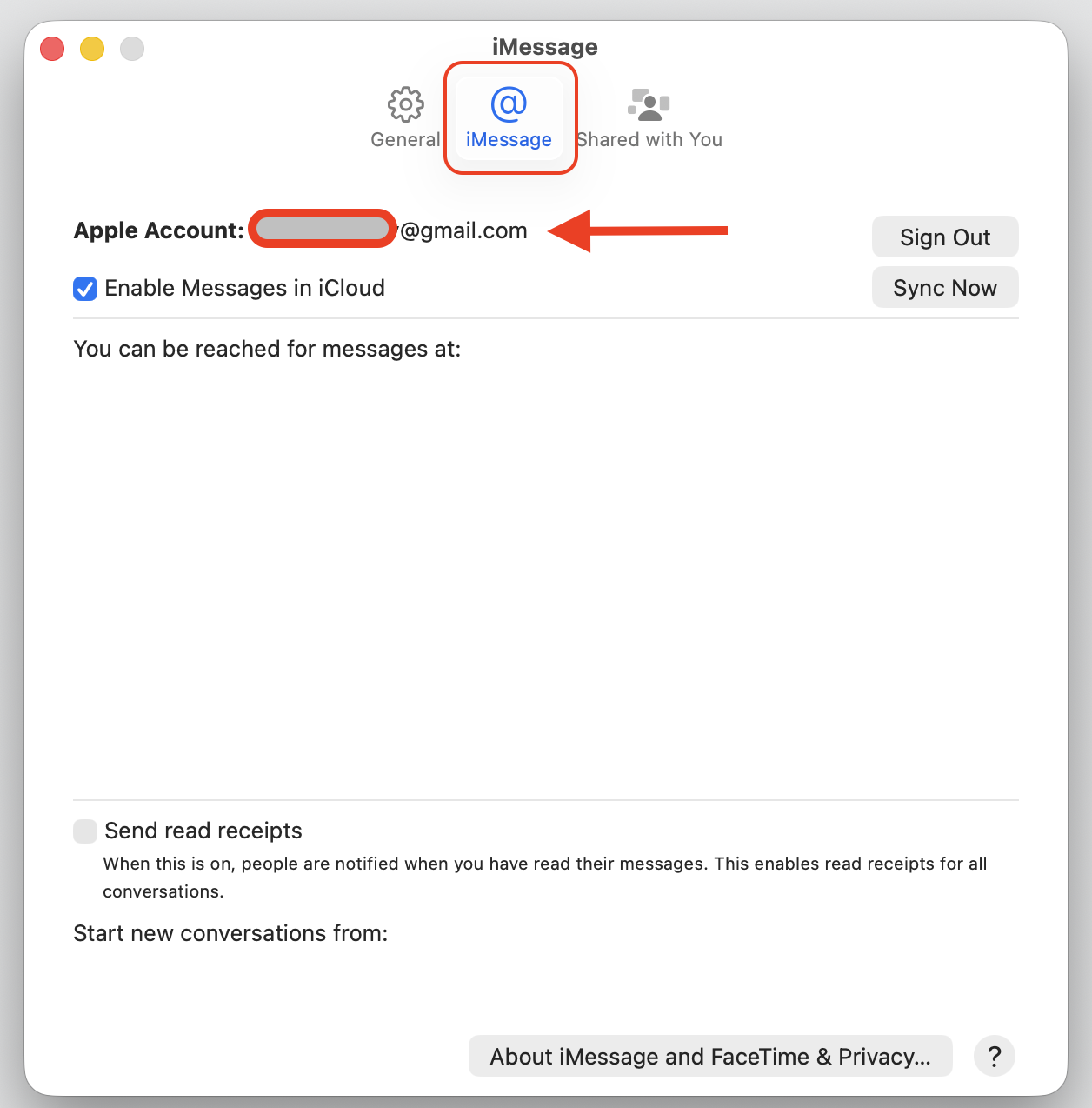 Messages Settings window on an Apple computer showing the iMessage tab where you verify the Apple Account used for syncing on macOS.