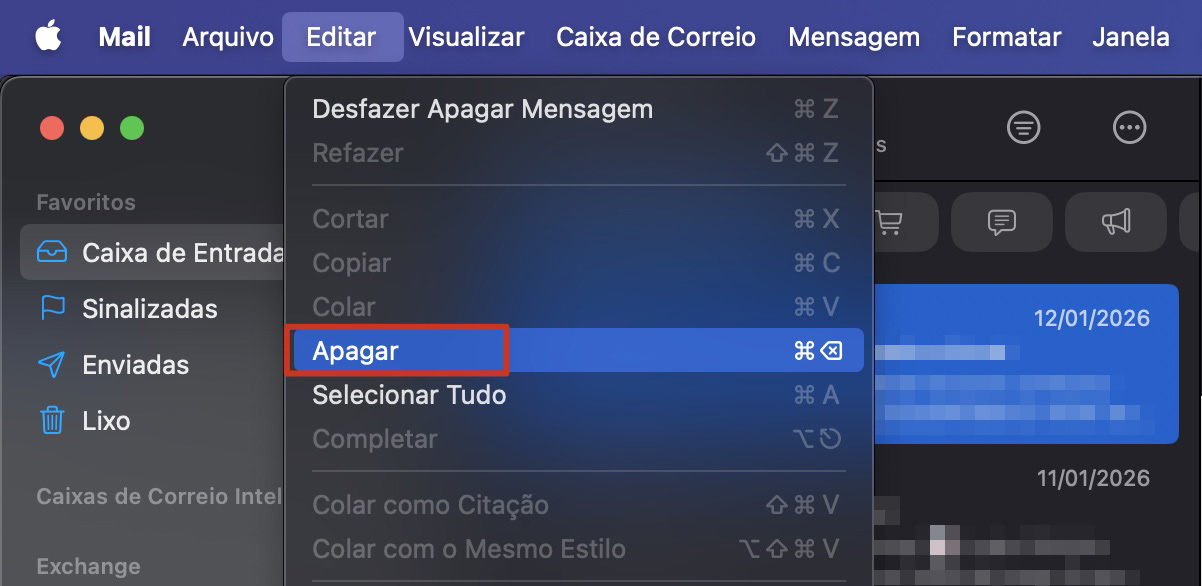 O menu Editar do aplicativo Apple Mail com a opção Apagar destacada. Como excluir o cache do Mail no Mac: esvaziar o Lixo através do menu Editar.