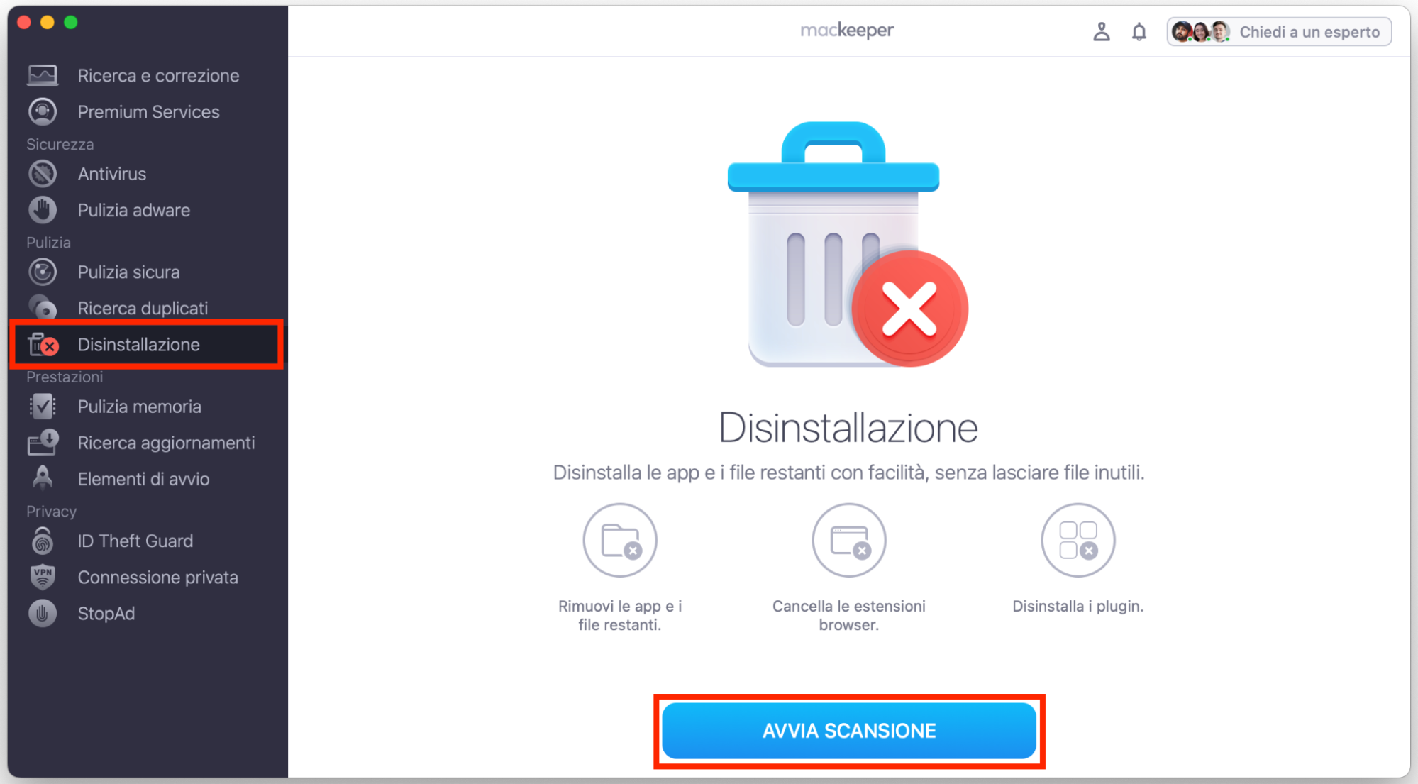 Strumento Disinstallazione di MacKeeper su Mac: utile per rimuovere app indesiderate e file residui che occupano spazio.