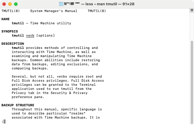 The tmutil manual includes a description of what it and how it works, as well as details on how to use the tool.