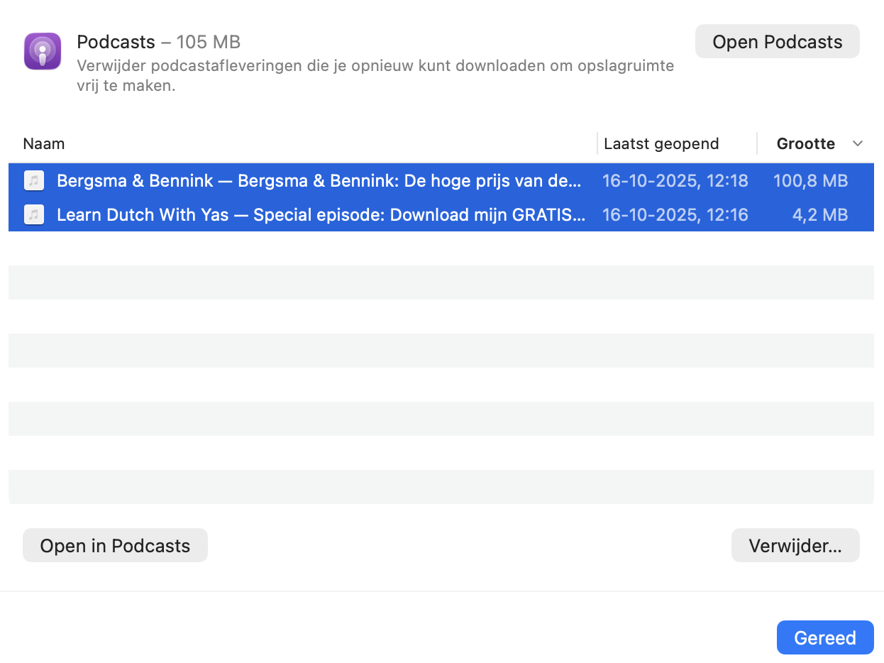 Selecteer in het pop-upvenster de te grote bestanden (ze worden blauw gemarkeerd).