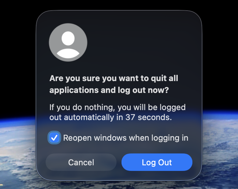 Log Out confirmation dialog box appearing on macOS Sonoma on an Apple computer, prompting the user to click Log Out to end the current session.