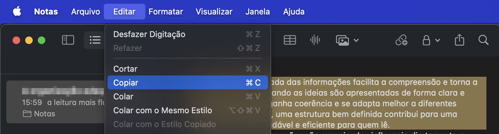 Além do menu de contexto, você pode usar a barra de menus do seu Mac para copiar e colar conteúdos e arquivos. Isso está disponível na maioria dos aplicativos.
