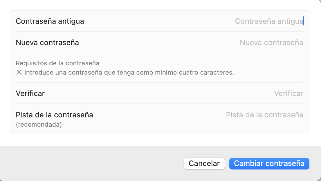Cambiar la configuración de contraseña en un Mac, con todas las opciones actualmente en blanco. Cómo arreglar servicio de cuentas quiere usar el llavero de inicio de sesión.