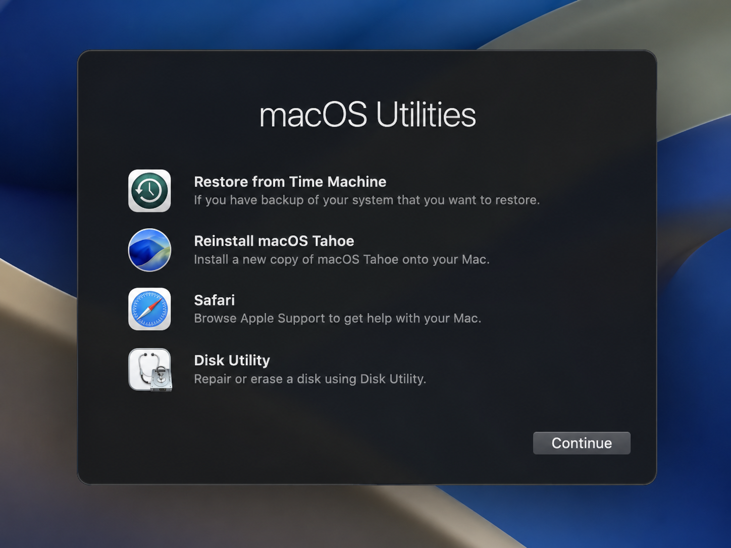 Choose Reinstall macOS Tahoe in the macOS Utilities window of Recovery mode on your Mac to reset the operating system.