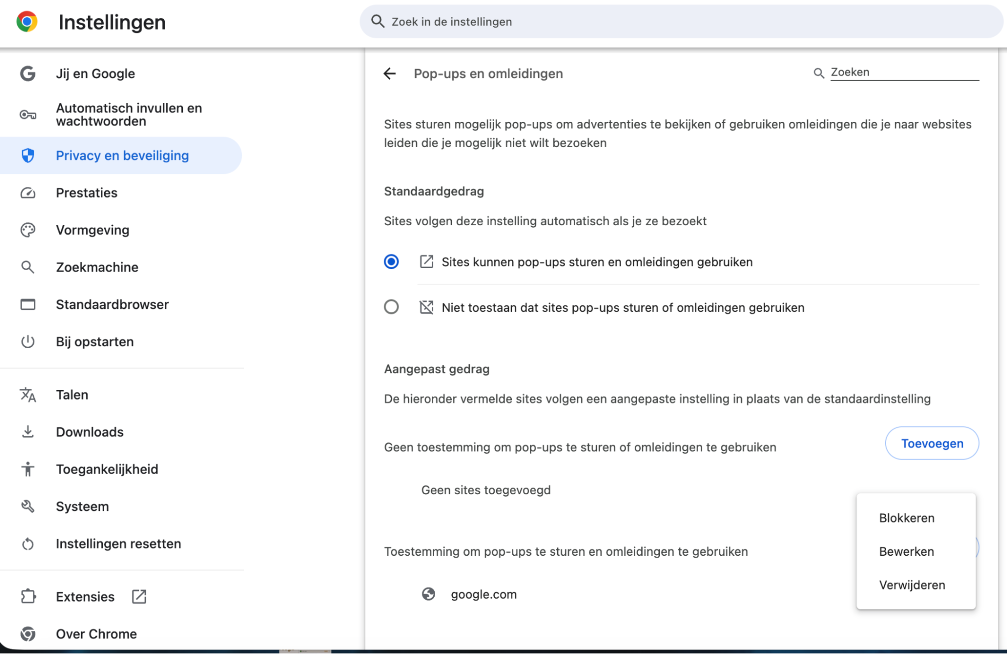 Loop de lijst door en kies wat je wilt aanpassen. Klik op de drie puntjes en gebruik het menu om te blokkeren. Pop-ups en omleidingen worden dan tegengehouden.