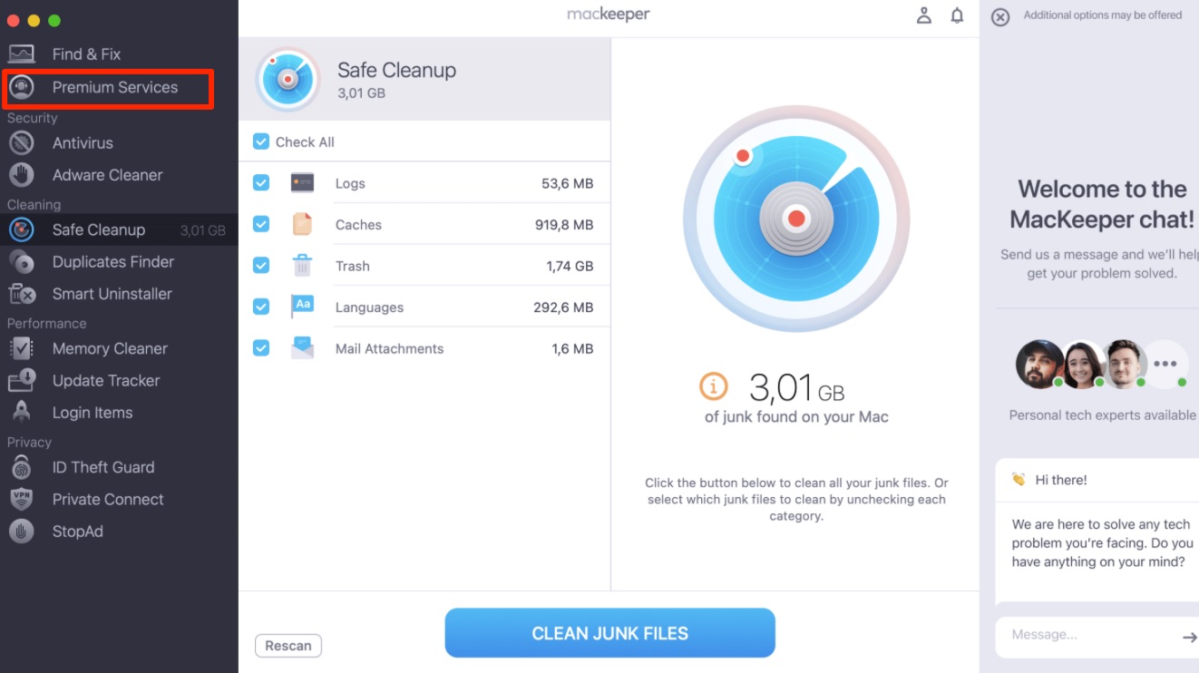 If the Mac Recovery Server could not be contacted, you can open the MacKeeper app to get support. Start by selecting Premium Services, which you'll see in the top left-hand corner.