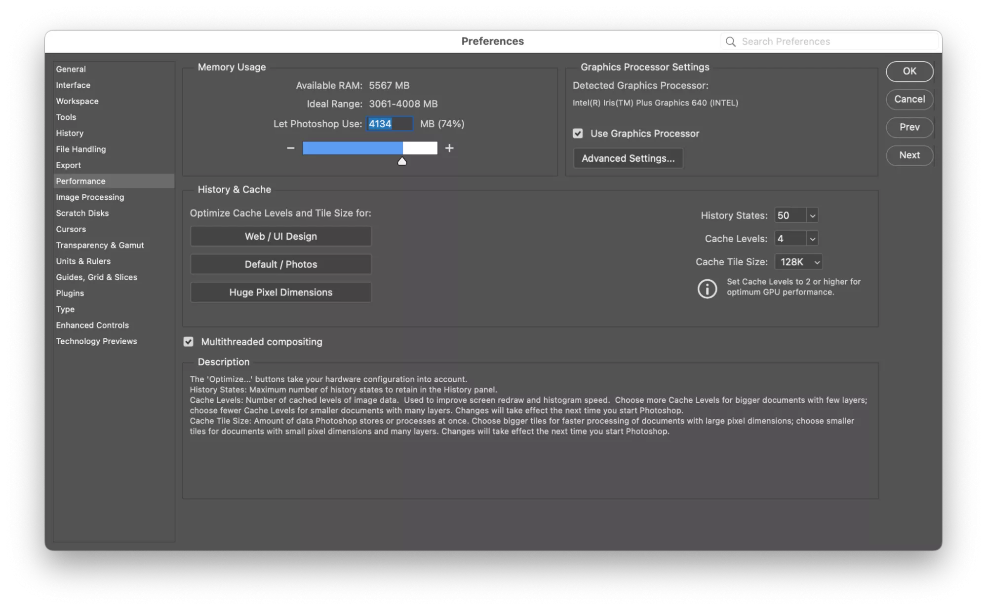 Under Memory Usage, i Photoshops Performance-vindu, finn og flytt en glidebryter mot høyre for å la appen bruke mer RAM.