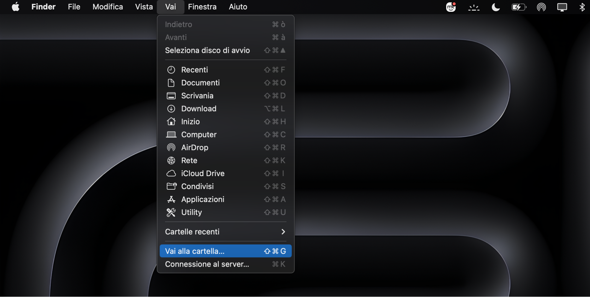 Per accedere alla cartella Libreria, fare clic sulla scheda Vai dalla barra dei menu e selezionare l'opzione Vai alla cartella.