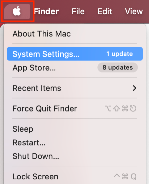 To fix the issue causing AppSSOAgent to consume high CPU on your Mac, click the Apple logo, then select System Settings.