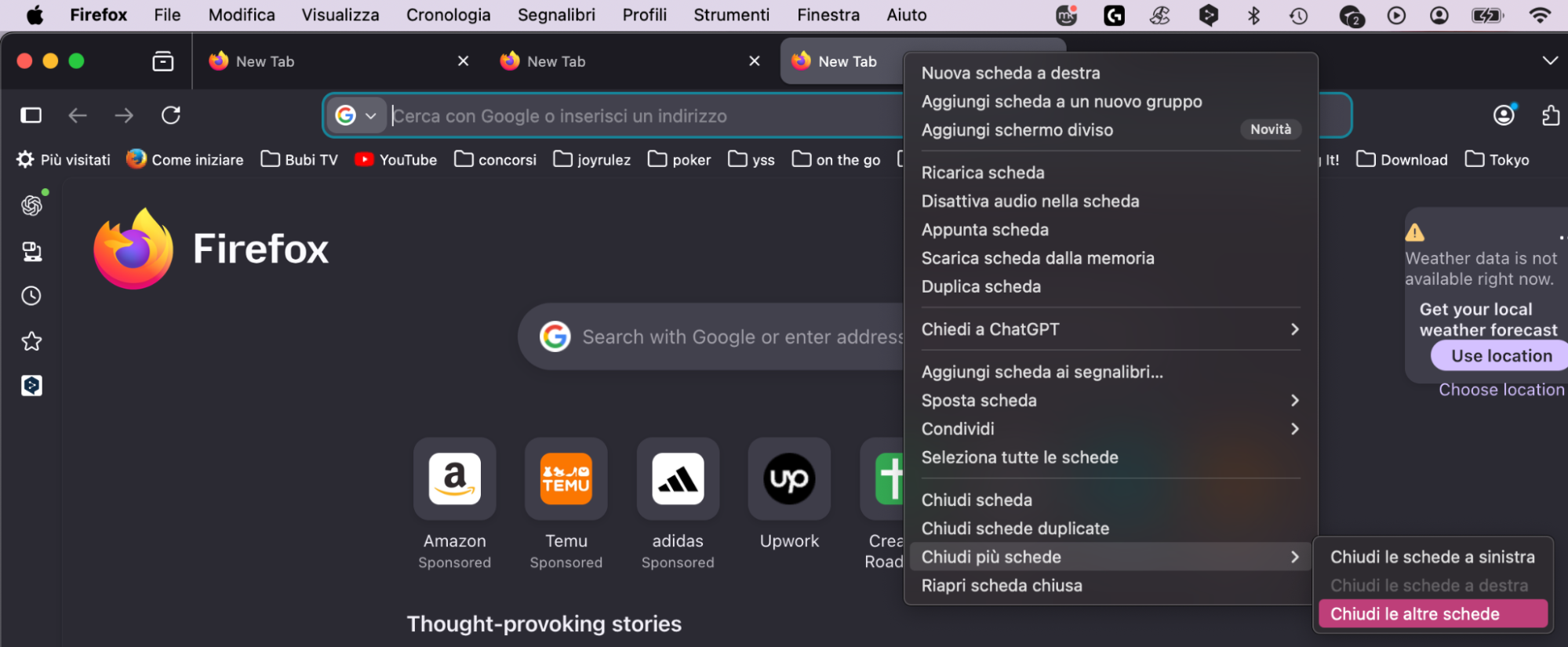 In Firefox, fai clic con il tasto destro su una scheda aperta, scegli Chiudi più schede dal menu e poi seleziona Chiudi le altre schede per ridurre l’utilizzo della memoria.