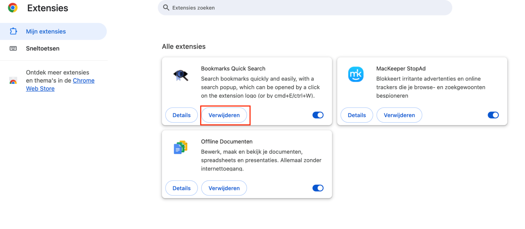 Je ziet nu een lijst met beschikbare extensies in Chrome op je Mac. Zoek de extensie(s) die je wilt verwijderen en klik op ‘Verwijderen’.