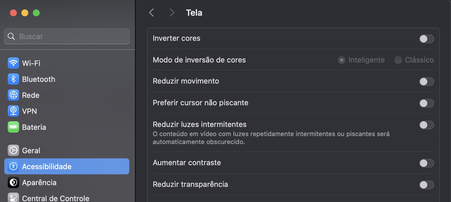 Vá em Acessibilidade para gerenciar a transparência da tela.